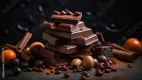 Assortment of dark and milk chocolate stack, sweets. Chocolate and beans on stone background. Spices, cinnamon. Generative Ai