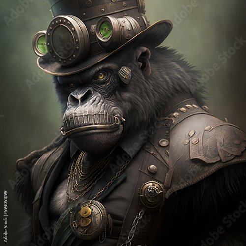 A gorilla is dressed in a steampunk outfit. AI