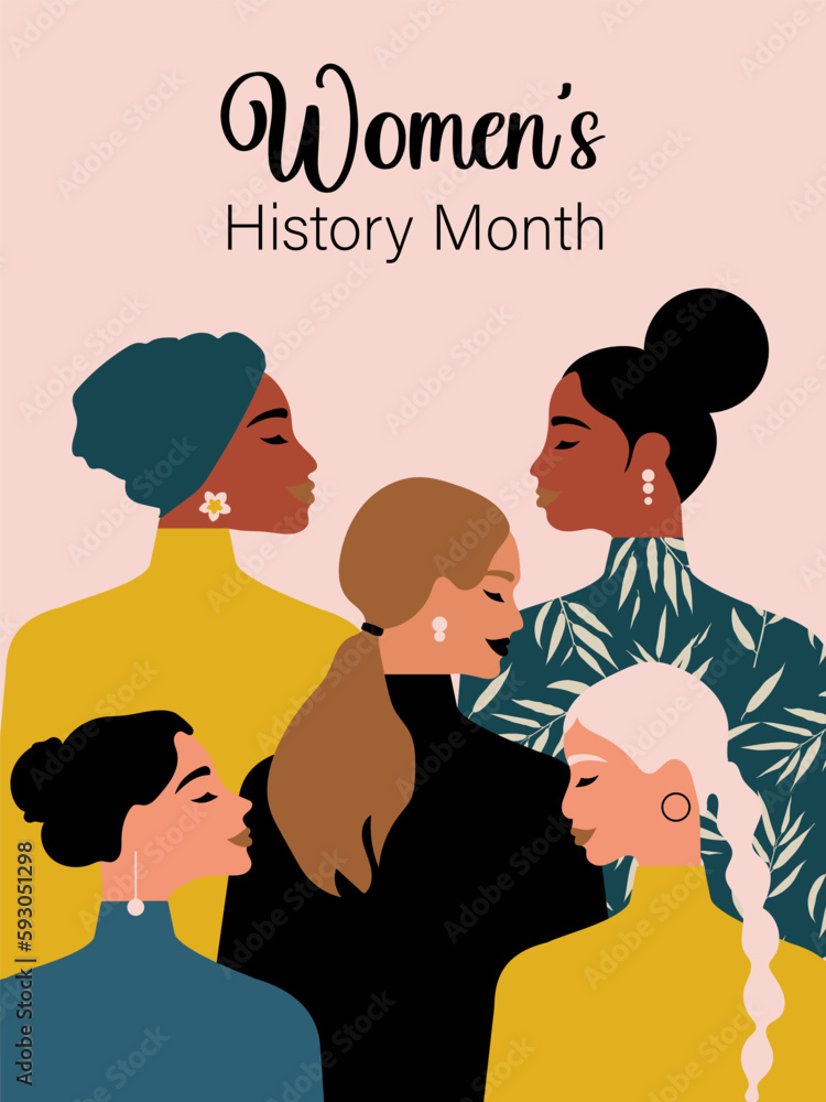 Women's History Month. Women of different ages, nationalities and religions come together. Pink vertical poster. Vector. Women's History Month. Women of different ages, nationalities and religions come together. Pink vertical poster. Vector.