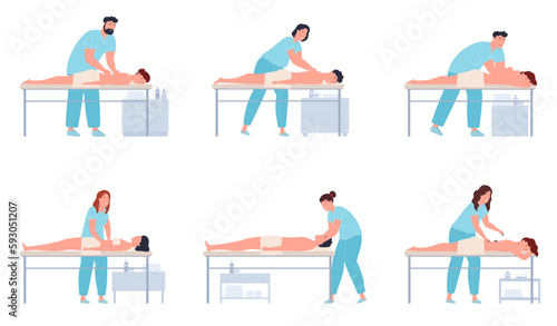 Professional massage therapists. People with spinal problems are treated with massage. Relaxing body warm-up. Vector illustration