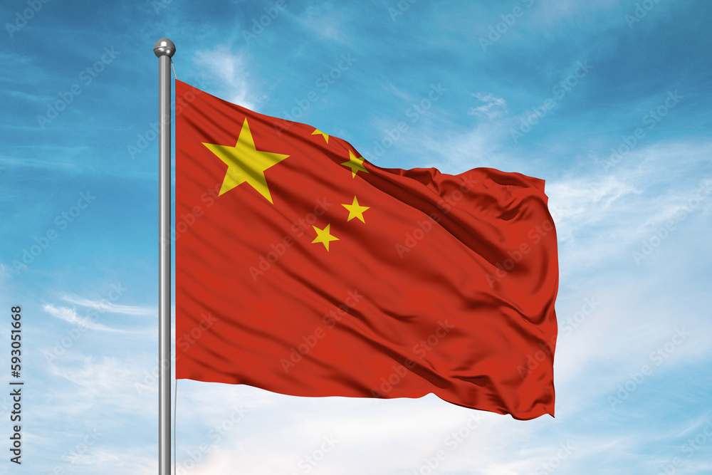Naklejka premium China national flag cloth fabric waving on beautiful sky Background.