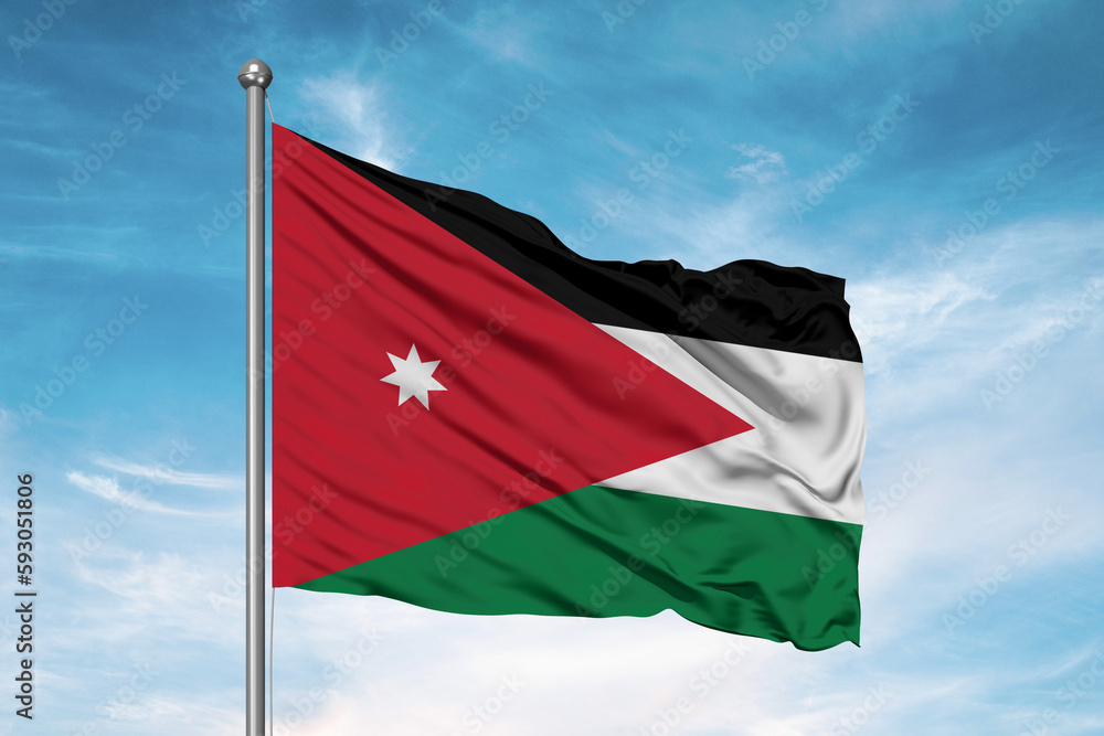 Jordan national flag cloth fabric waving on beautiful sky Background. Jordan national flag cloth fabric waving on beautiful sky Background.