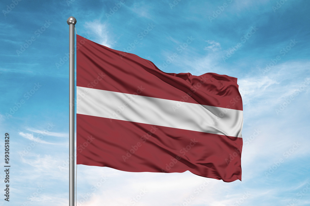 Latvia national flag cloth fabric waving on beautiful sky Background. Latvia national flag cloth fabric waving on beautiful sky Background.