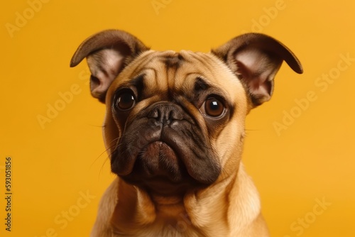 On a yellow background, a focused puppy dog portrait is shown turning its head to the side. Generative AI