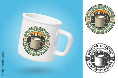 White camping cup. Realistic mug mockup template with sample design. Enjoy every moment. Outdoor adventure patch or sticker Vector illustration. Design with metal camping mug and mountain silhouette