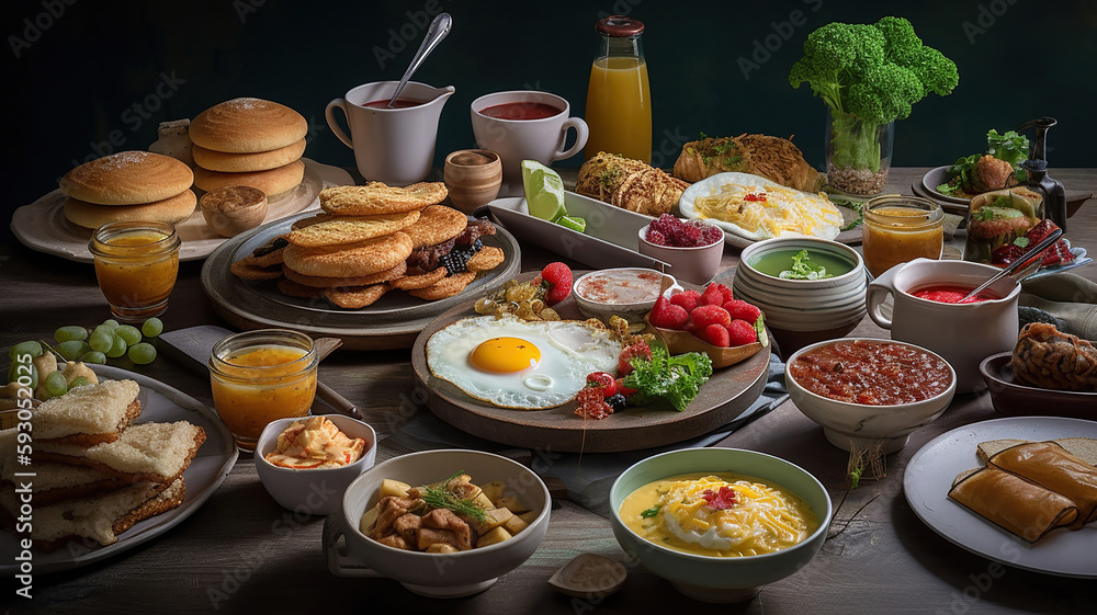Western big gourmet breakfast selection mixed dishes. Generative Ai
