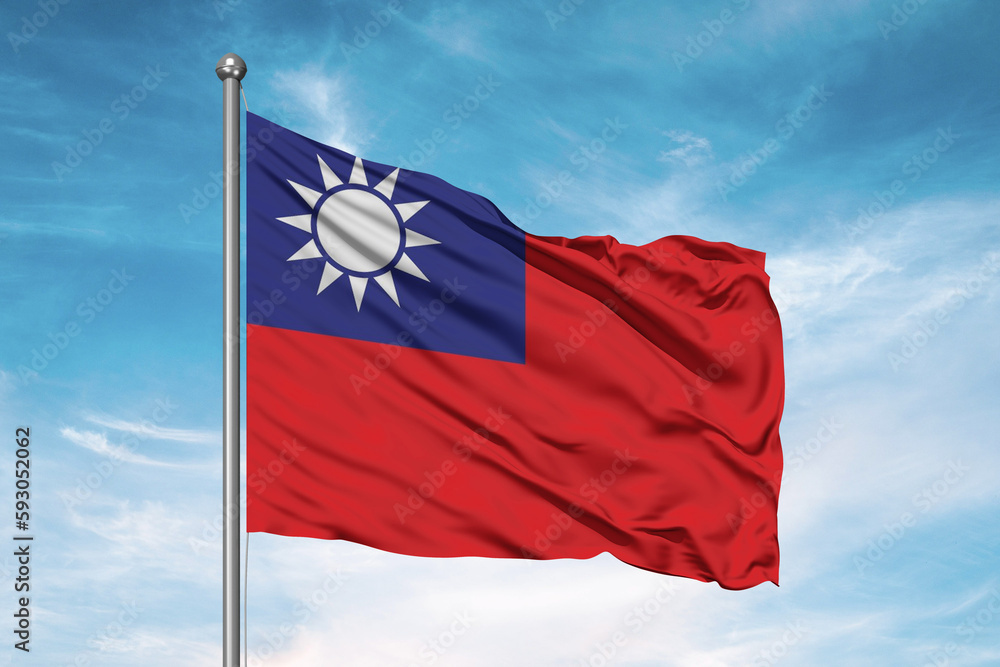 Naklejka premium Taiwan national flag cloth fabric waving on beautiful sky Background.