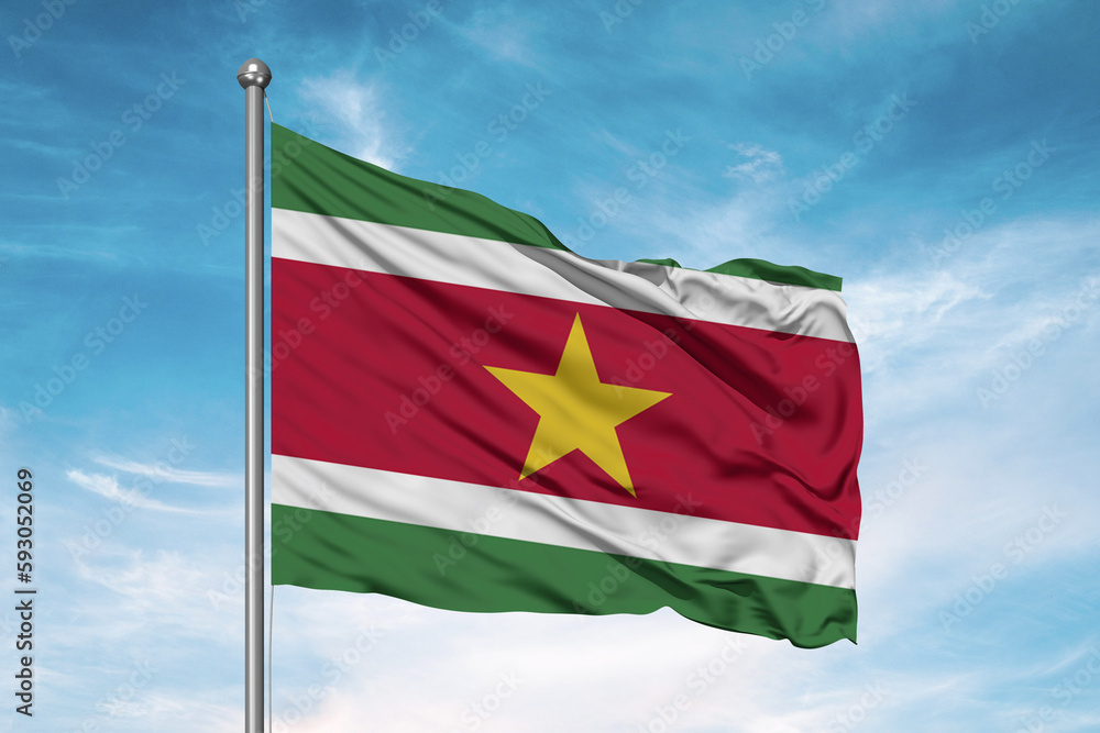 Naklejka premium Suriname national flag cloth fabric waving on beautiful sky Background.