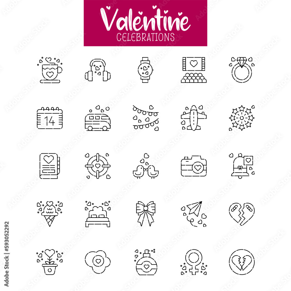 Valentine's Day Icons: teddy bear. letter. ring with a diamond. sweetmeats. heart. rose. cupcake. strawberry in chocolate and gift. Vector illustration.