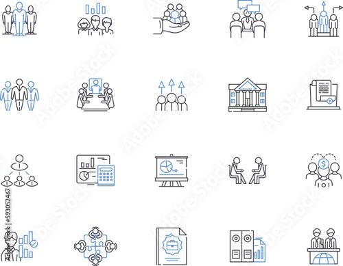 Outsourcing company outline icons collection. outsourcing, company, consultancy, provider, contractor, supplier, specialist vector and illustration concept set. service, offshoring, staff-leasing