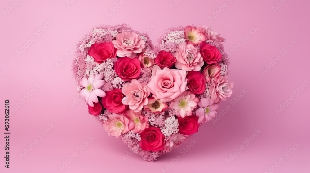 Bouquet of flowers in the form of a heart in a pink backgroun. Valentines Day. Mothers Day. Bouquet of flowers in the form of a heart in a pink backgroun. Valentines Day. Mothers Day.