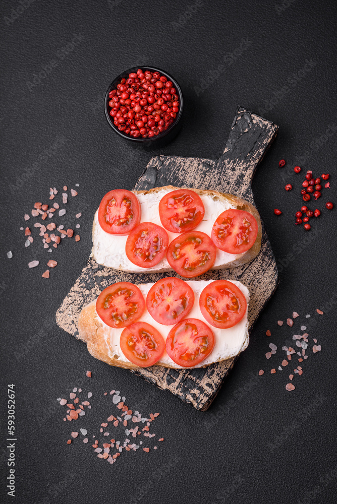 Delicious crispy grilled toast with cheese and cherry tomatoes