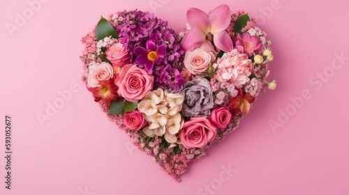 Bouquet of flowers in the form of a heart in a pink backgroun. Valentines Day. Mothers Day. 