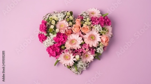 Bouquet of flowers in the form of a heart in a pink backgroun. Valentines Day. Mothers Day.  © Jardel Bassi