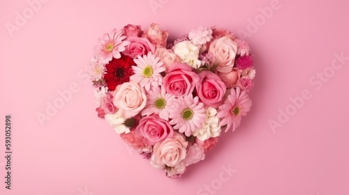 Bouquet of flowers in the form of a heart in a pink backgroun. Valentines Day. Mothers Day. 