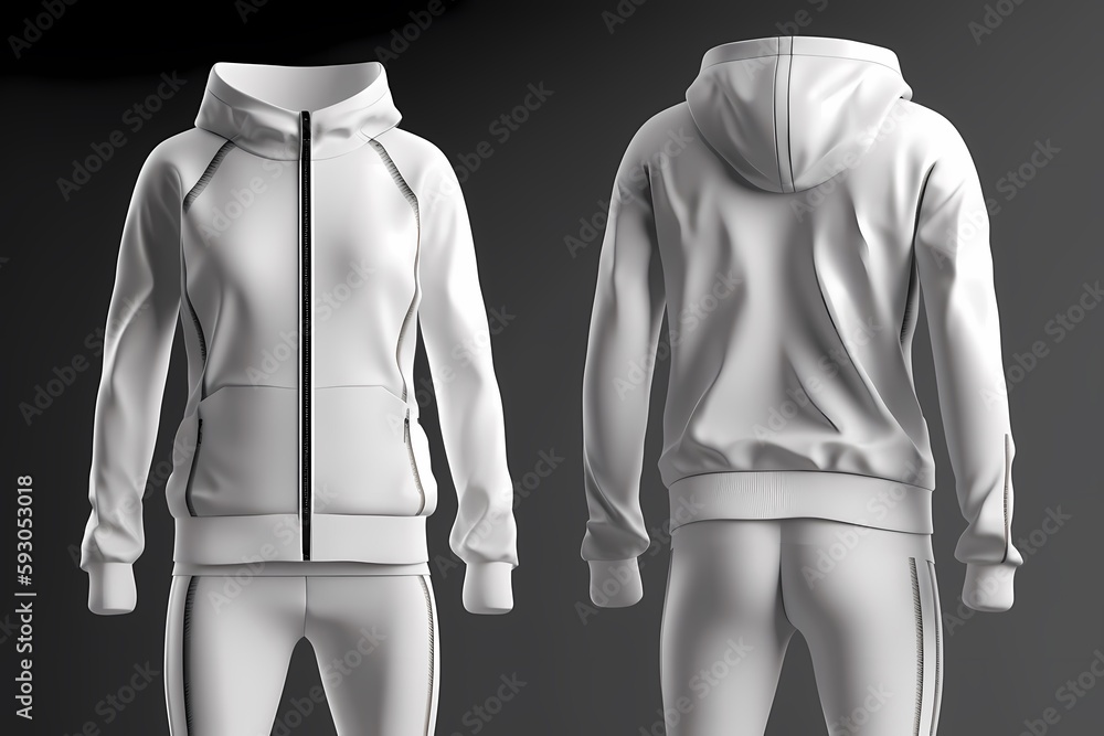 Blank hooded tracksuit top, jacket design, sportswear, track front, side  views with pants. Mock up Template. Generative Ai. Stock Illustration