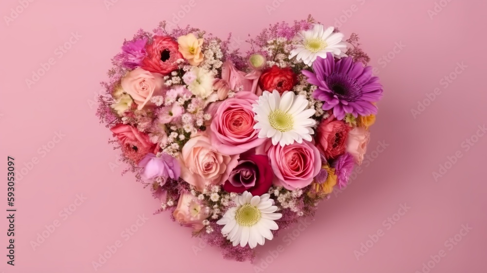 Bouquet of flowers in the form of a heart in a pink backgroun. Valentines Day. Mothers Day. Bouquet of flowers in the form of a heart in a pink backgroun. Valentines Day. Mothers Day.