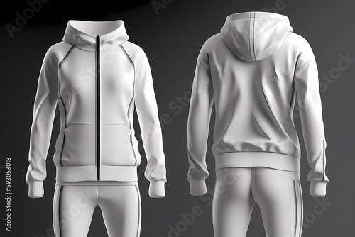 Blank hooded tracksuit top, jacket design, sportswear, track front, side views with pants. Mock up Template. Generative Ai.