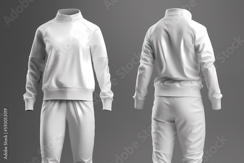 Blank tracksuit top, jacket design, sportswear, track front, side views with pants. Mock up Template. Generative Ai. photo
