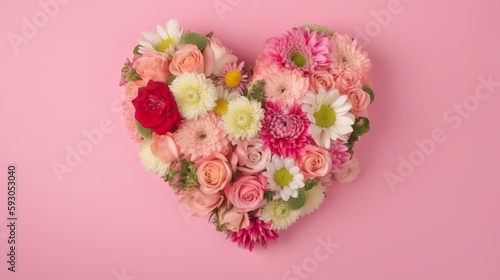 Bouquet of flowers in the form of a heart in a pink backgroun. Valentines Day. Mothers Day.  © Jardel Bassi