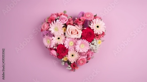 Bouquet of flowers in the form of a heart in a pink backgroun. Valentines Day. Mothers Day. 