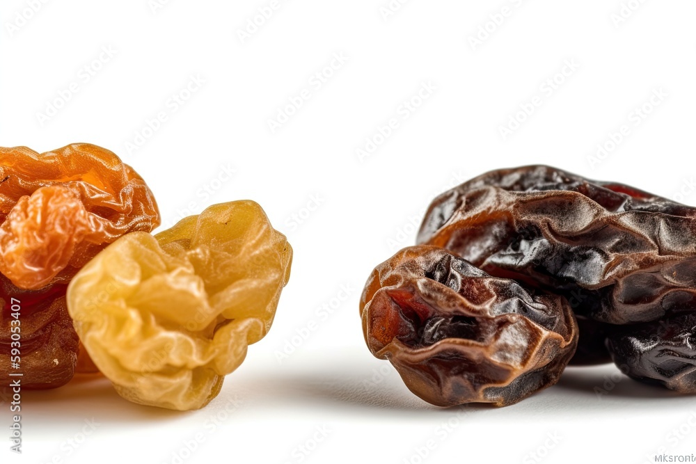 Close-up of two raisins on a white background. pathway clipping. Generative AI Close-up of two raisins on a white background. pathway clipping. Generative AI