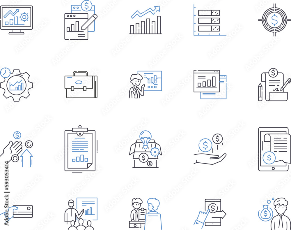 Fototapeta premium Accounting and finance outline icons collection. Accounting, Finance, Bookkeeping, Auditing, Taxation, Budgeting, CPA vector and illustration concept set. GAAP, Assets, Liabilities linear signs