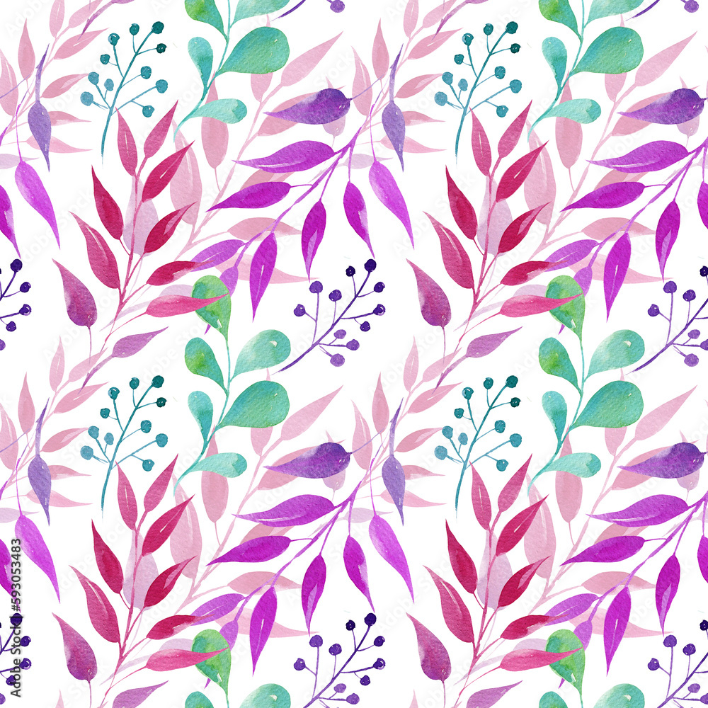 seamless pattern hand draw watercolor leaves, illusration, sketch, green color, blue color, purple color herbal ornament seamless pattern hand draw watercolor leaves, illusration, sketch, green color, blue color, purple color herbal ornament