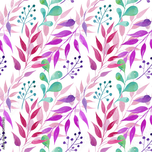 seamless pattern hand draw watercolor leaves  illusration  sketch  green color  blue color  purple color herbal ornament