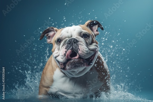 A wet, happy Bulldog dog taking a bath, playing in water. pet care grooming and washing concept. © EOL STUDIOS
