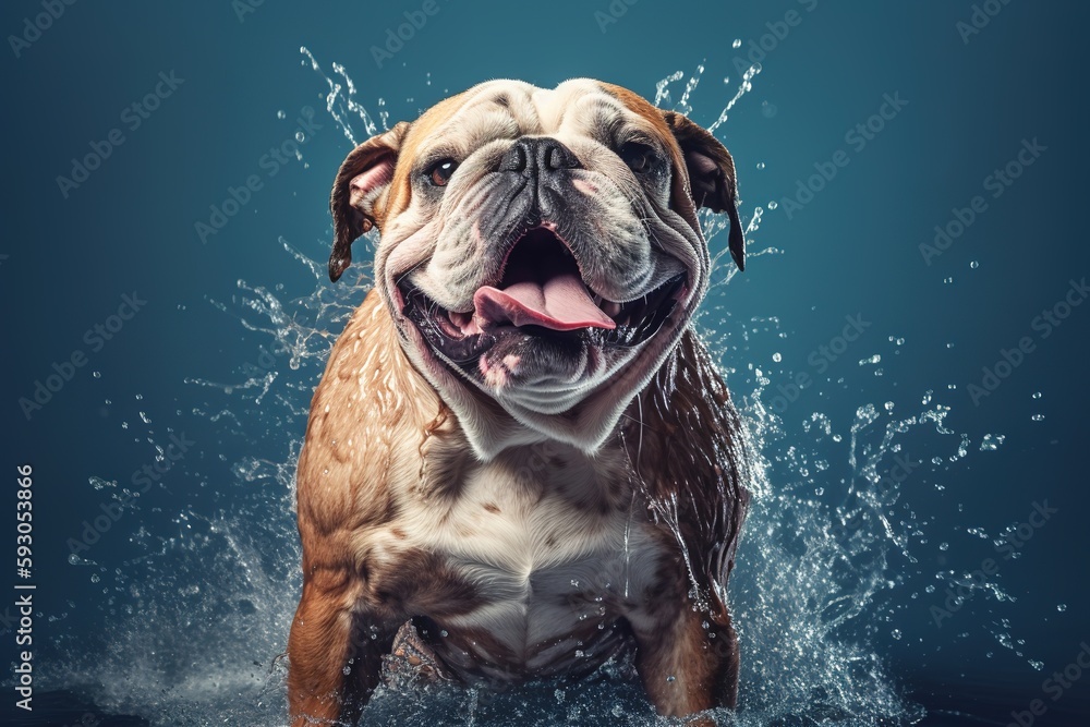 A wet, happy Bulldog dog taking a bath, playing in water. pet care grooming and washing concept.