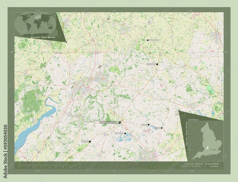 Cotswold, England - Great Britain. OSM. Labelled points of cities