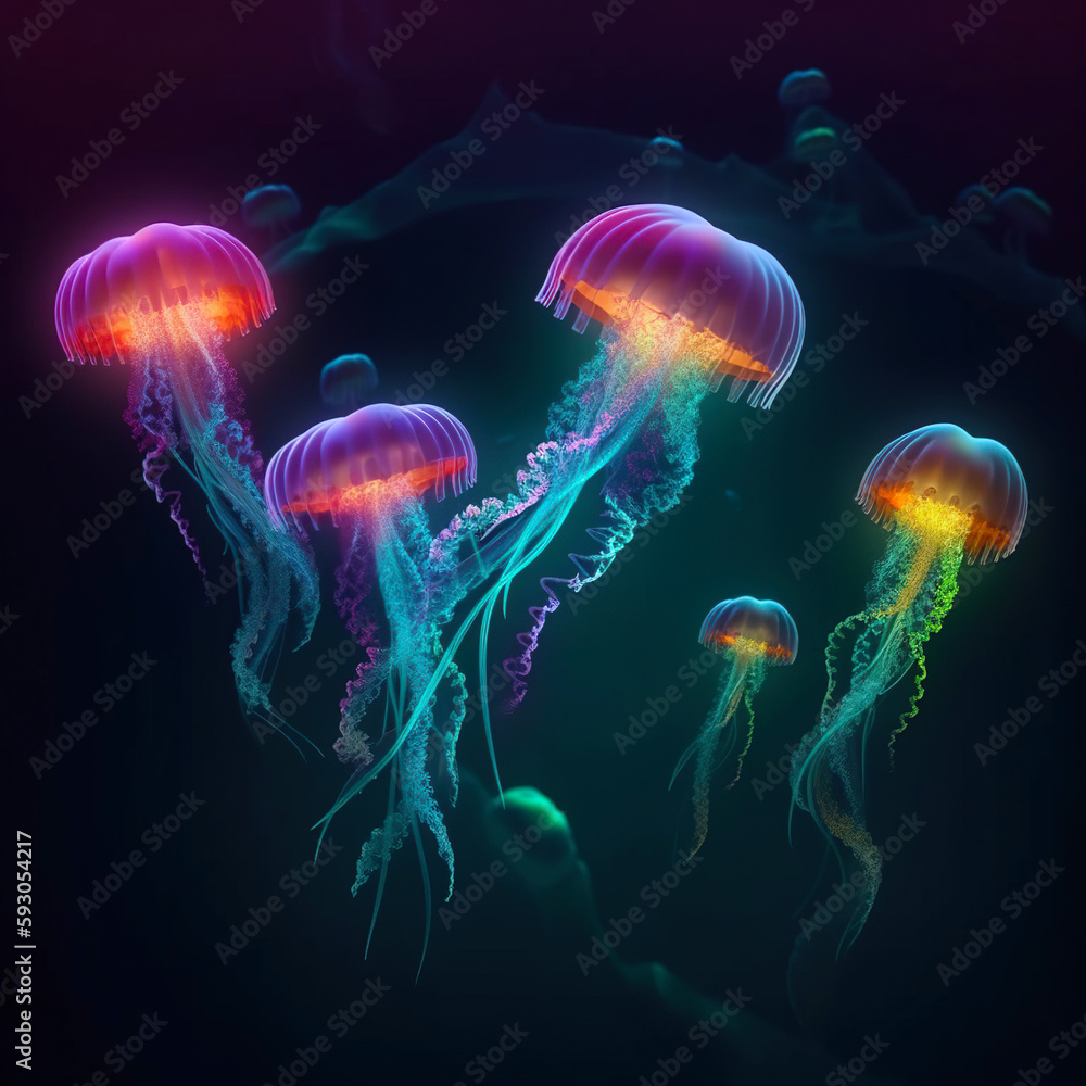 Glowing jellyfish swim deep in blue sea. Generative AI
