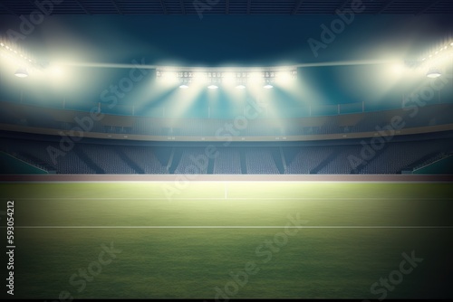 Empty stadium with illuminated by spotlights. Generative Ai