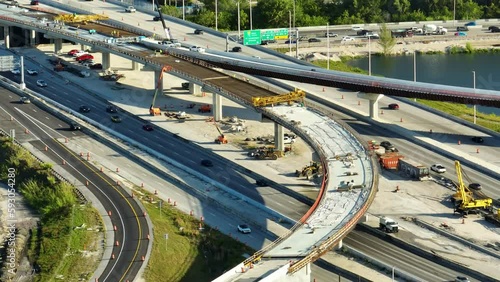 Industrial roadworks in Miami, Florida. Wide american highway junction under construction. Development of interstate transportation system for rapid transit for long distance travelling