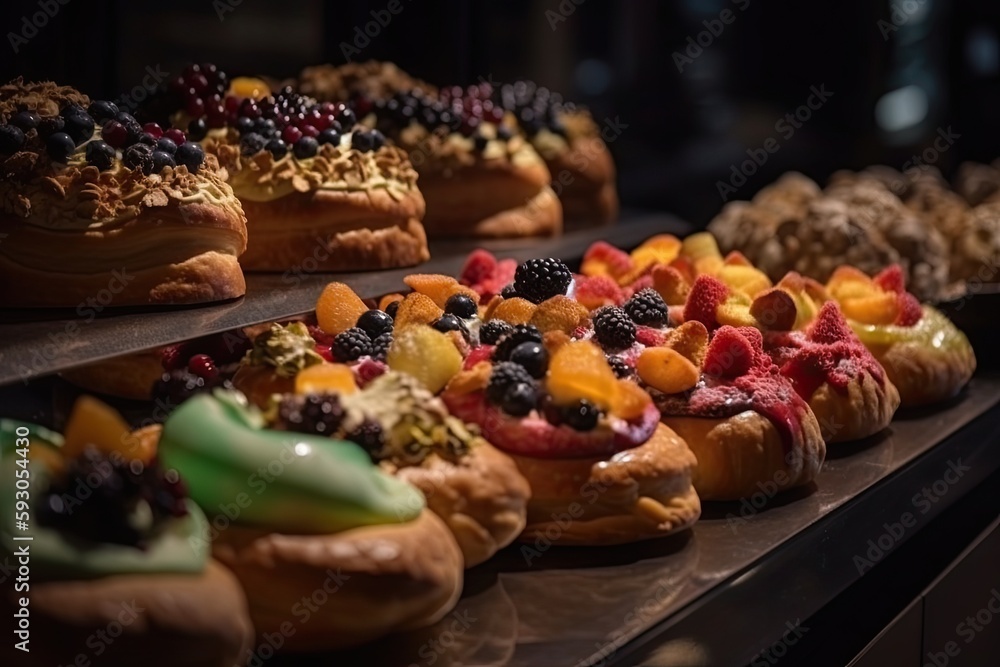 Fresh Pastry Assortment in a Bakery Showcase - From French Cream Cakes to Fruit & Pistachio Treats: Generative AI