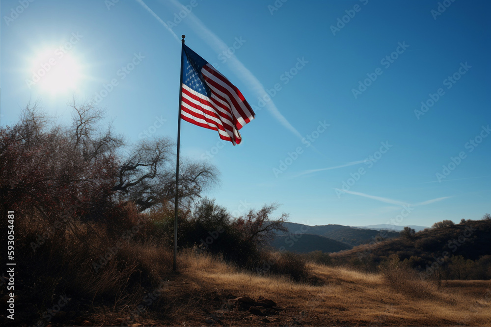 USA flag on the background of trees USA flag on the background of trees