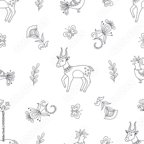 springtime flowering seamless pattern with deer on a white background