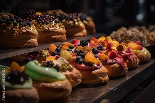 Fresh Pastry Assortment in a Bakery Showcase - From French Cream Cakes to Fruit & Pistachio Treats: Generative AI