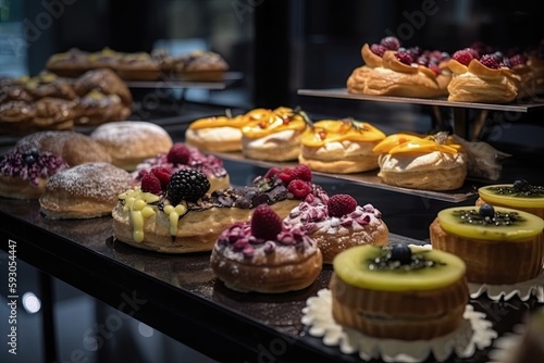 Freshly Baked Pastries and Fruit Assortment on a Bakery Buffet Table, Generative AI