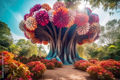 Exotic Summer Botanic Garden View  An Abstract Fantastic Wonderland with Colorful Giant Flowers Art  Generative AI