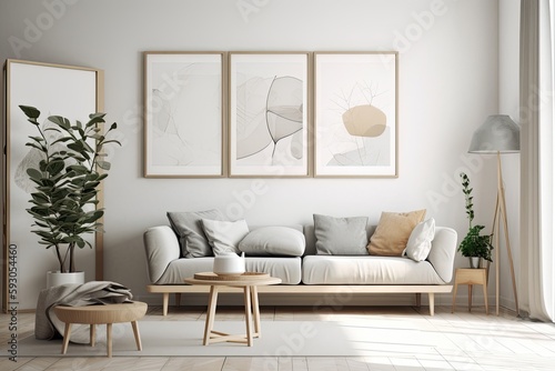 Generative Modern Home Design: Decorative Canvas Frame Against White Wall with Scandinavian Living Room Background, Generative AI © AIGen