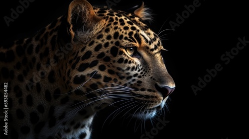 Majestic Leopard on Black Background - Danger Concept Art of Wild Animal: Generative AI