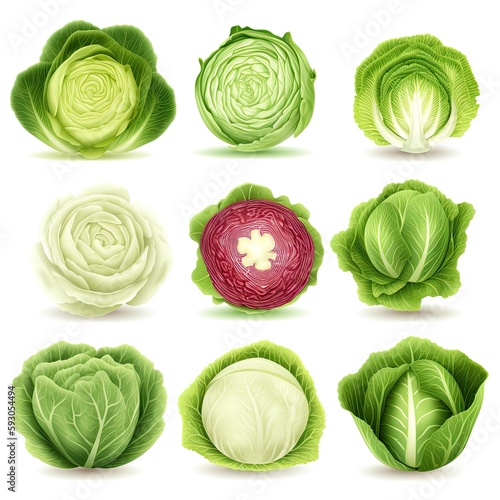 Organic Freshness: Isolated Set of 9 Cabbage Vegetables for Salads and Healthy Eating, Generative AI