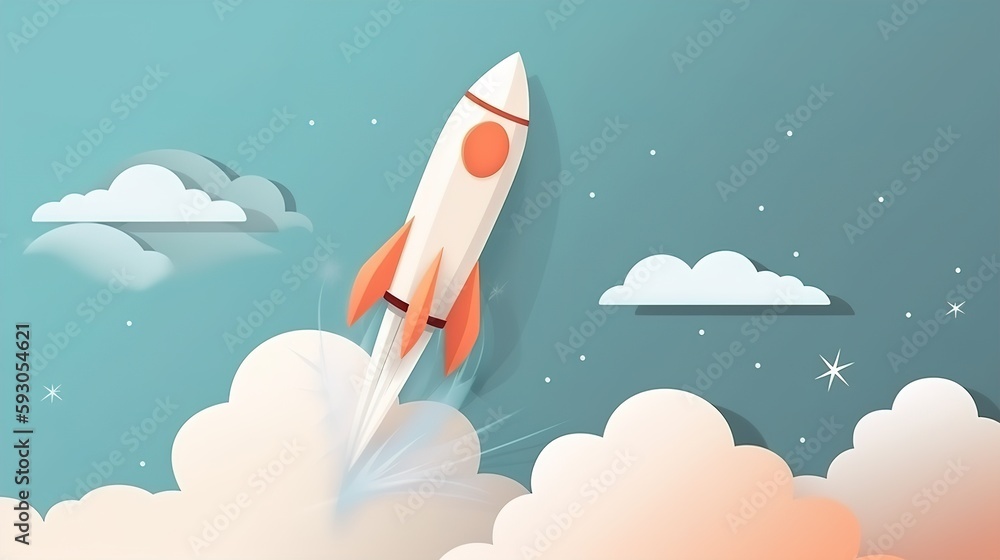 Launch of a space rocket flying between the clouds, hand drawn style, illustration style. AI generated