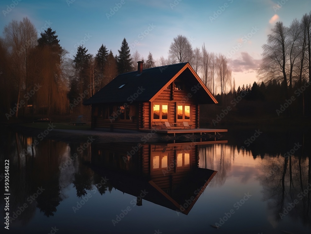 A wooden cabin by the lake. The cabin is made of dark wood, with large windows and a cozy fireplace inside, with warm and soft sunset light creating a peaceful and serene mood.