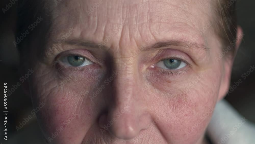 Face of middle aged Millennial woman with natural makeup and green-blue eyes. Beautiful mature female portrait with wrinkles on attractive face opening and closing her eyes. Face of middle aged Millennial woman with natural makeup and green-blue eyes. Beautiful mature female portrait with wrinkles on attractive face opening and closing her eyes.