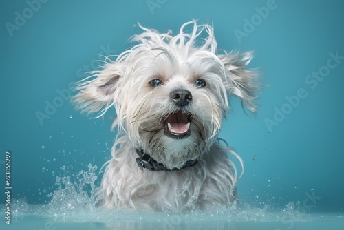 A wet, happy Maltese dog taking a bath, playing in water. pet care grooming and washing concept.