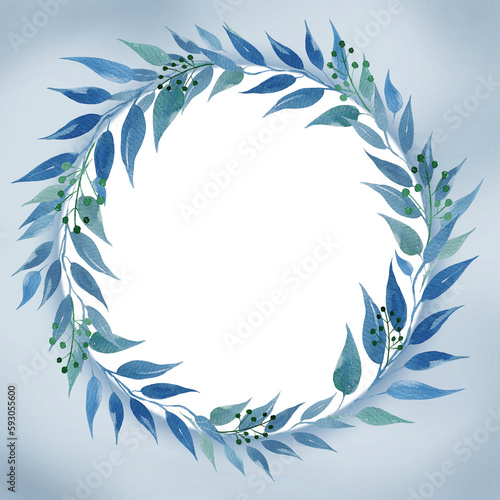 watercolor wreath with green and blue leaves, illusration, sketch, green color, herbal ornament with round white background