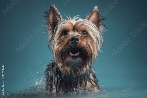 A wet, happy Yorkshire Terrier dog taking a bath, playing in water. pet care grooming and washing concept.
